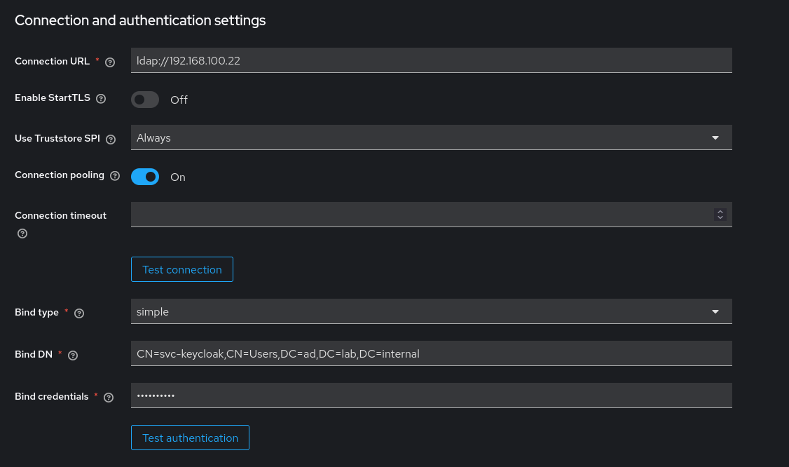Connection and authentication settings